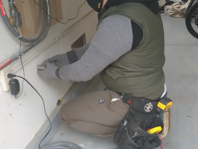 Electrician performing outlet wiring in a River Falls garage